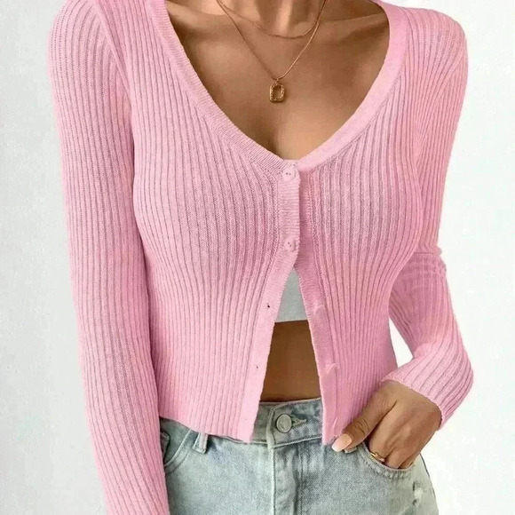 Pink Casual Women's Slim Solid Color Rib Knit Cardigan - Picture 6 of 7